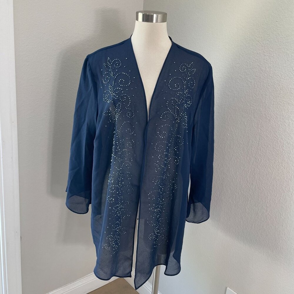NEW‎ Catherines Womens Plus 26WP Open Front Sheer Jacket Blue Beaded Formal